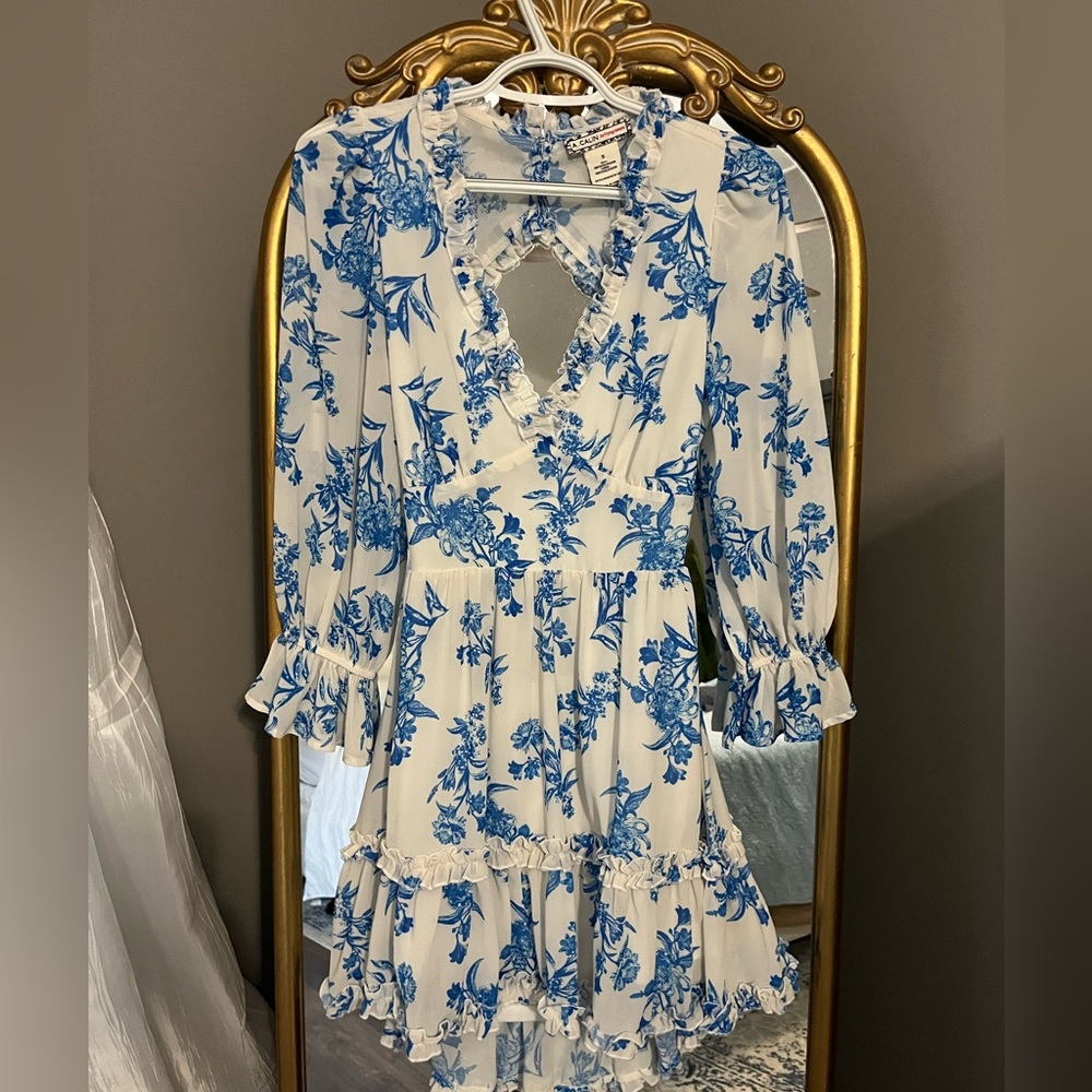 Flying Tomato White and Blue Sundress with Plunge Neckline and Bishop Sleeves